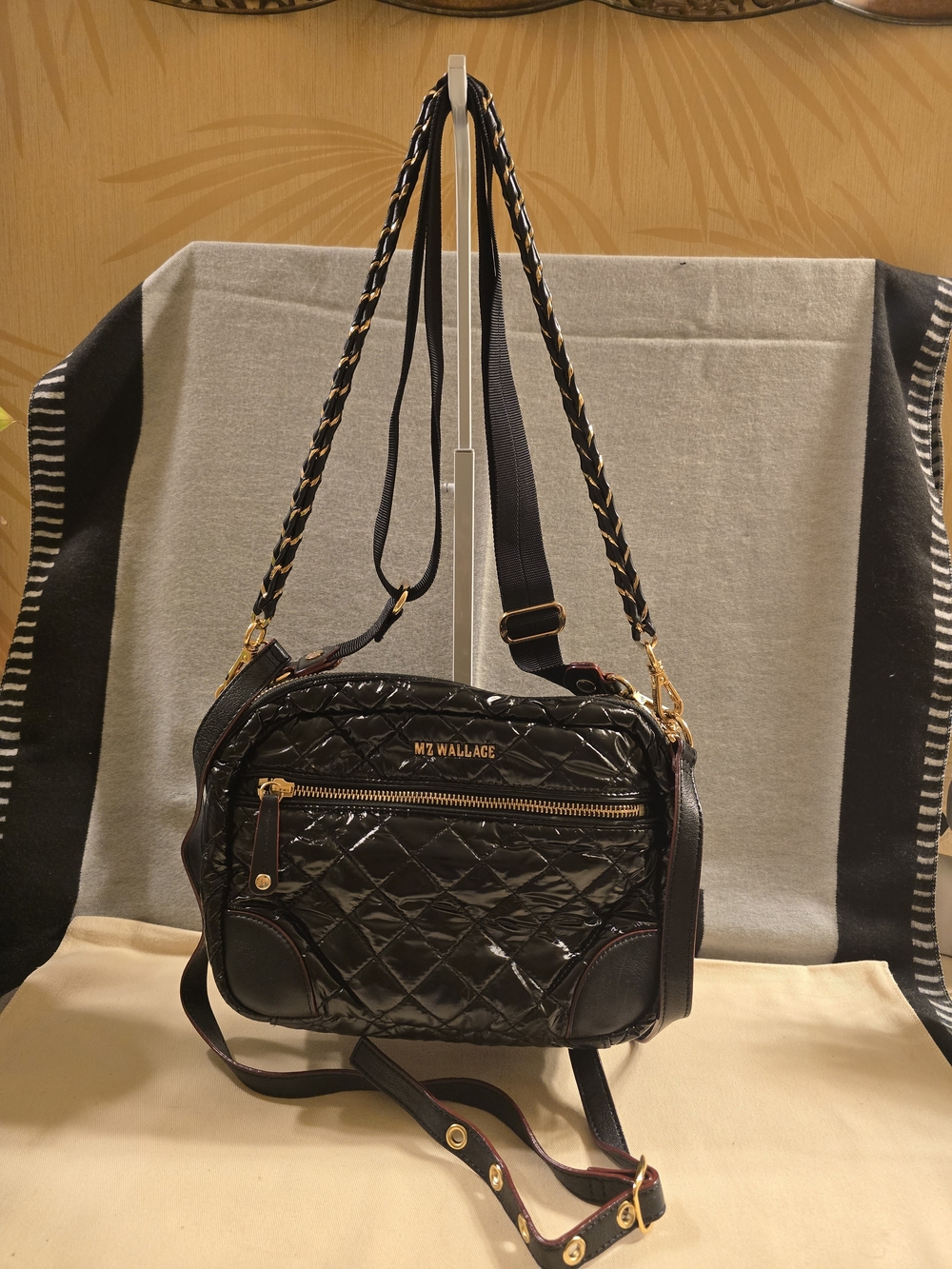 MZ Wallace Black Quilted Patent Crossbody with Gold Hardware